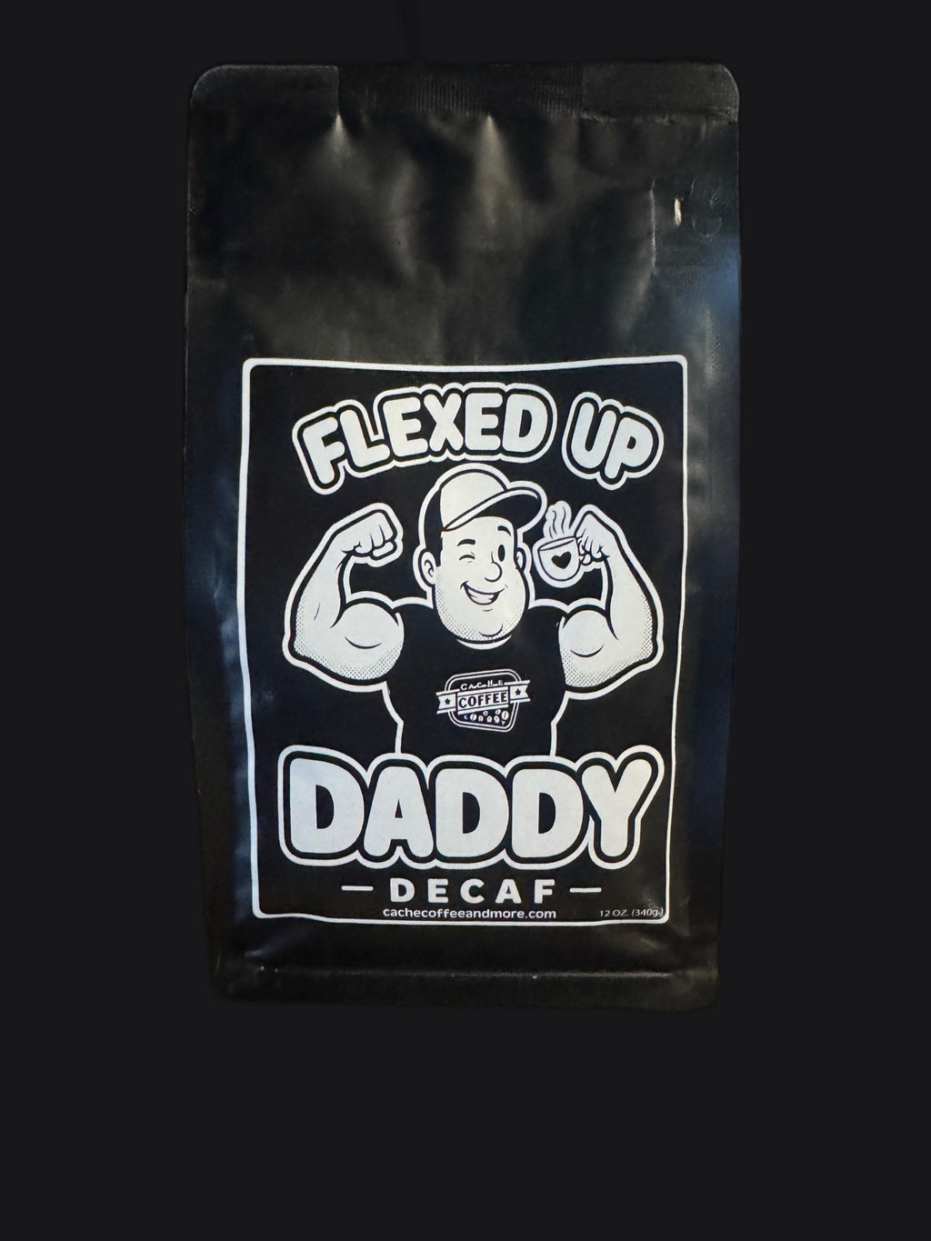 Flexed Up Daddy Decaf – Clean product shot on dark background